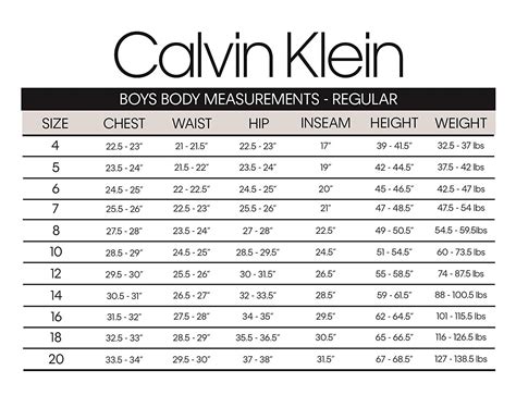 calvin klein size chart.